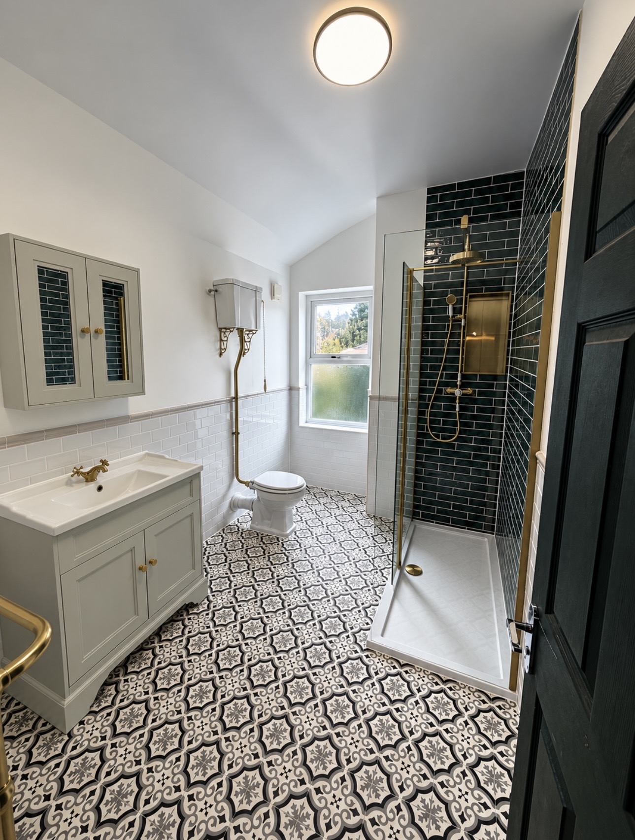 Completed B67 bathroom with dark green metro-tile shower, patterned floor and traditional grey vanity installed by M3 Trades