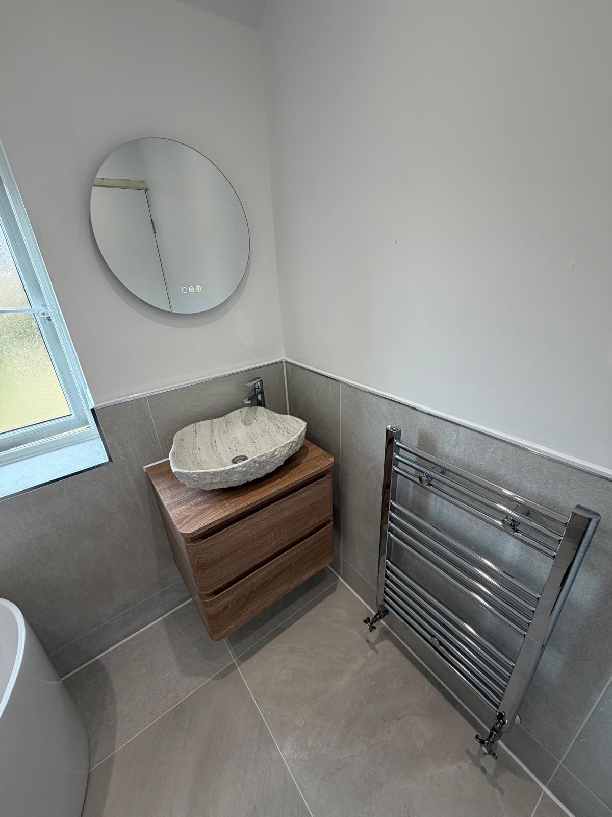 Walnut vanity & stone basin — Rubery, Birmingham by M3 Trades